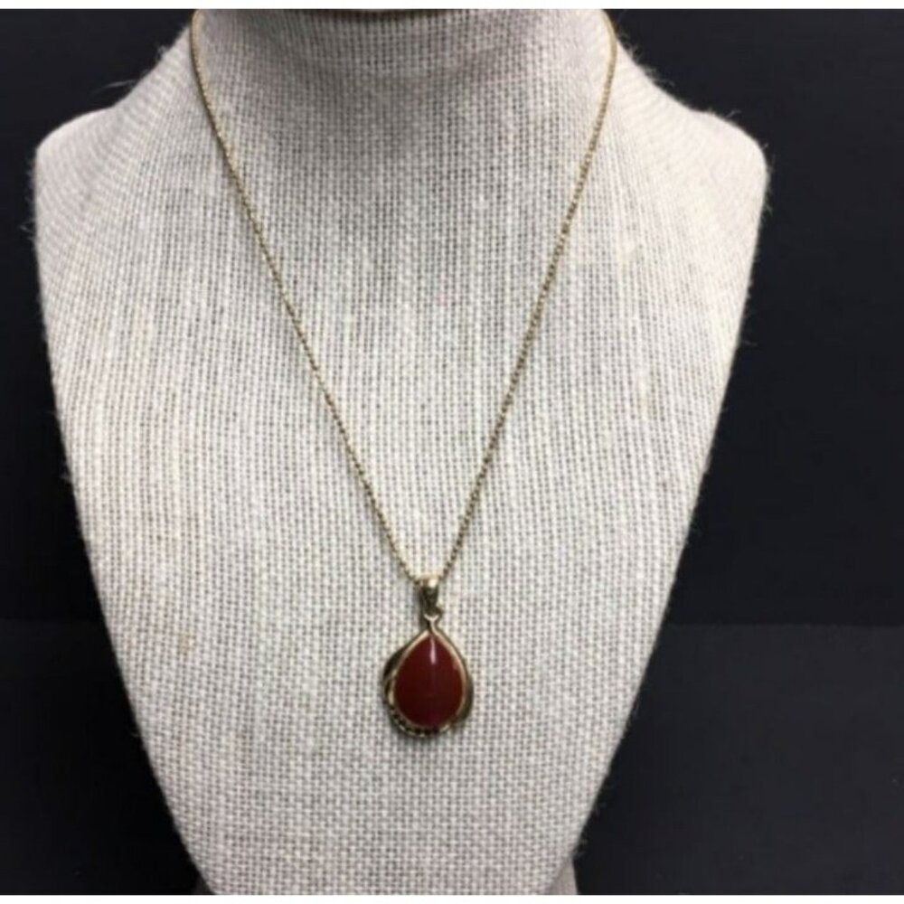 Teardrop Rhinestone Pendant Necklace 16 In As Is Deep Orange Red Gold Vintage